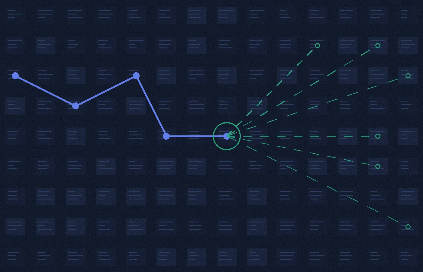 Ledger grid showing a traced transaction path that splits into unlinked outputs